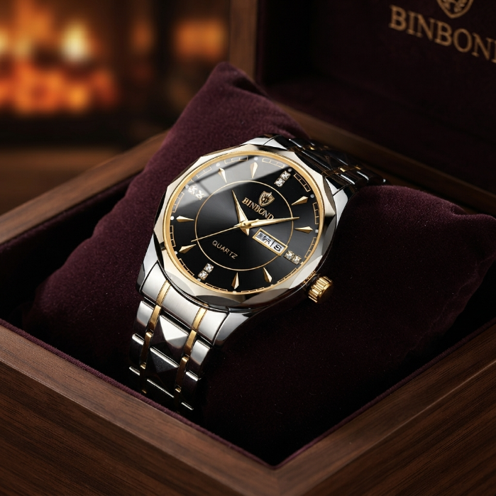 Luxury Gold & Silver Quartz Watch for Men – Stainless Steel Business Dress Wristwatch with Date Display