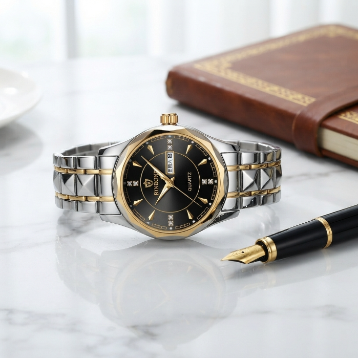 Luxury Gold & Silver Quartz Watch for Men – Stainless Steel Business Dress Wristwatch with Date Display