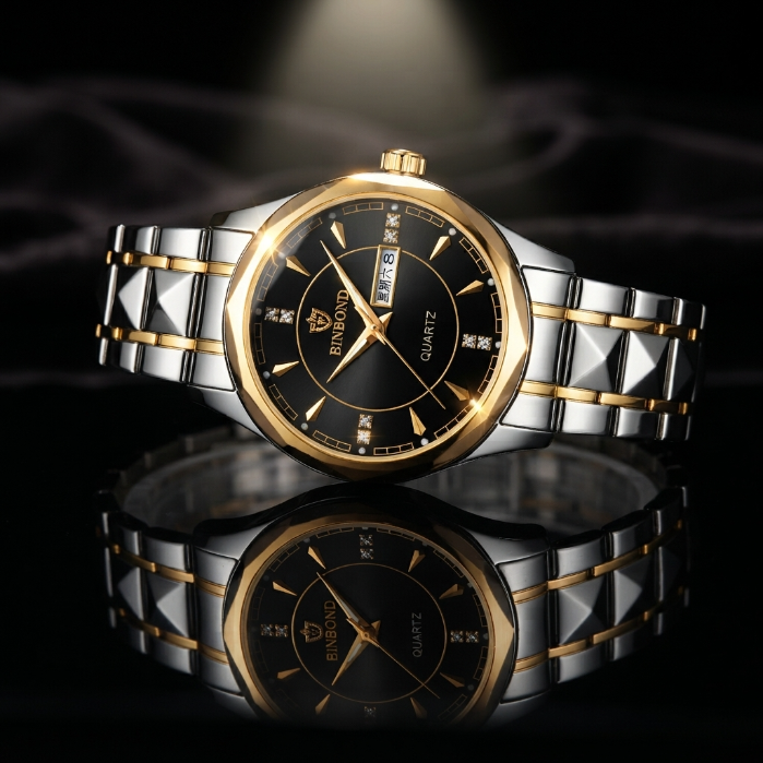 Luxury Gold & Silver Quartz Watch for Men – Stainless Steel Business Dress Wristwatch with Date Display
