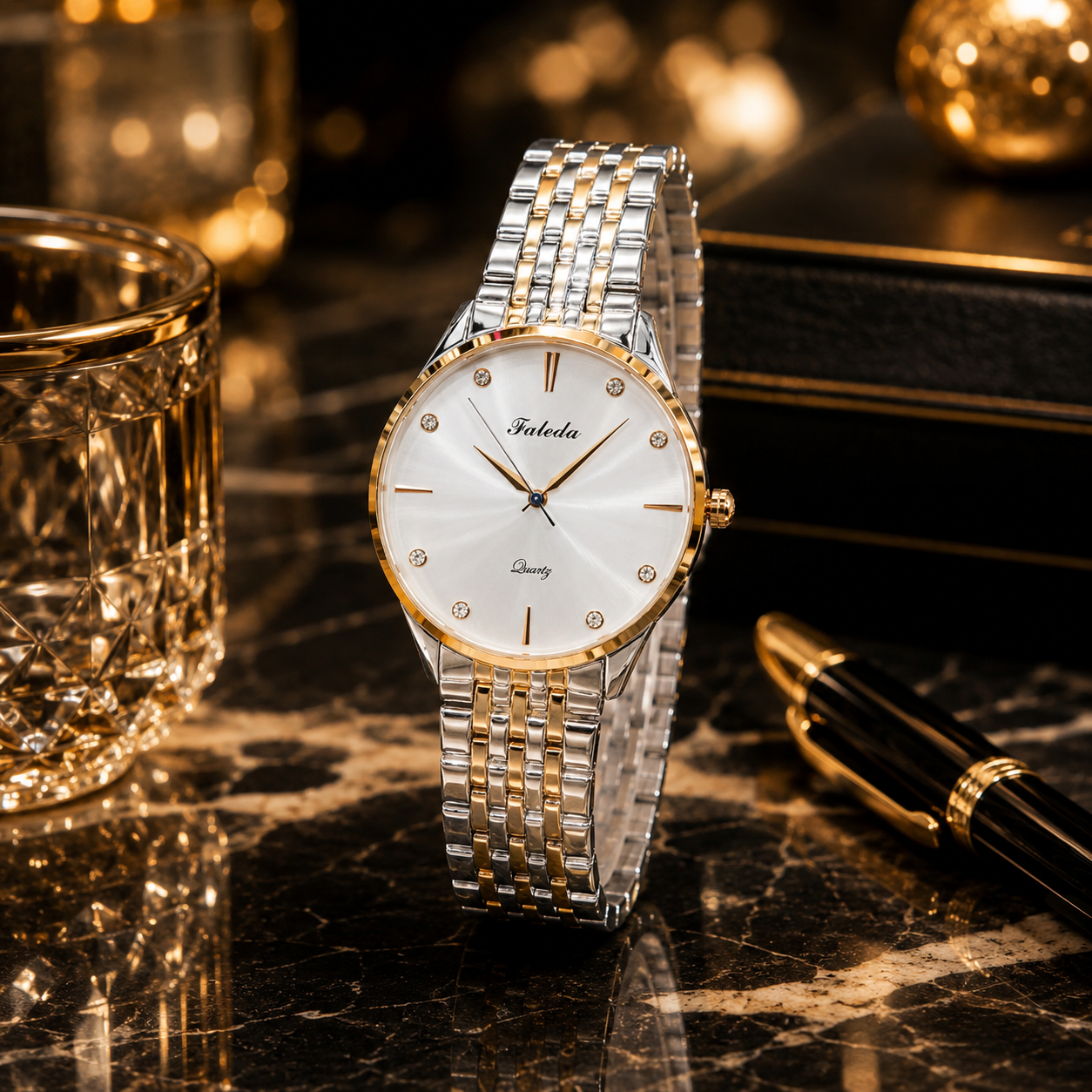 Faleda Luxury Women's Two-Tone Stainless Steel Quartz Watch – Elegant Gold & Silver Dress Wristwatch with Crystal Dial