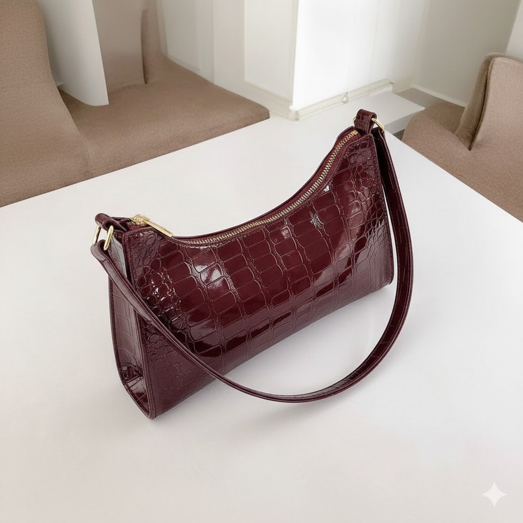 Croc-embossed Burgundy Armpit Bag