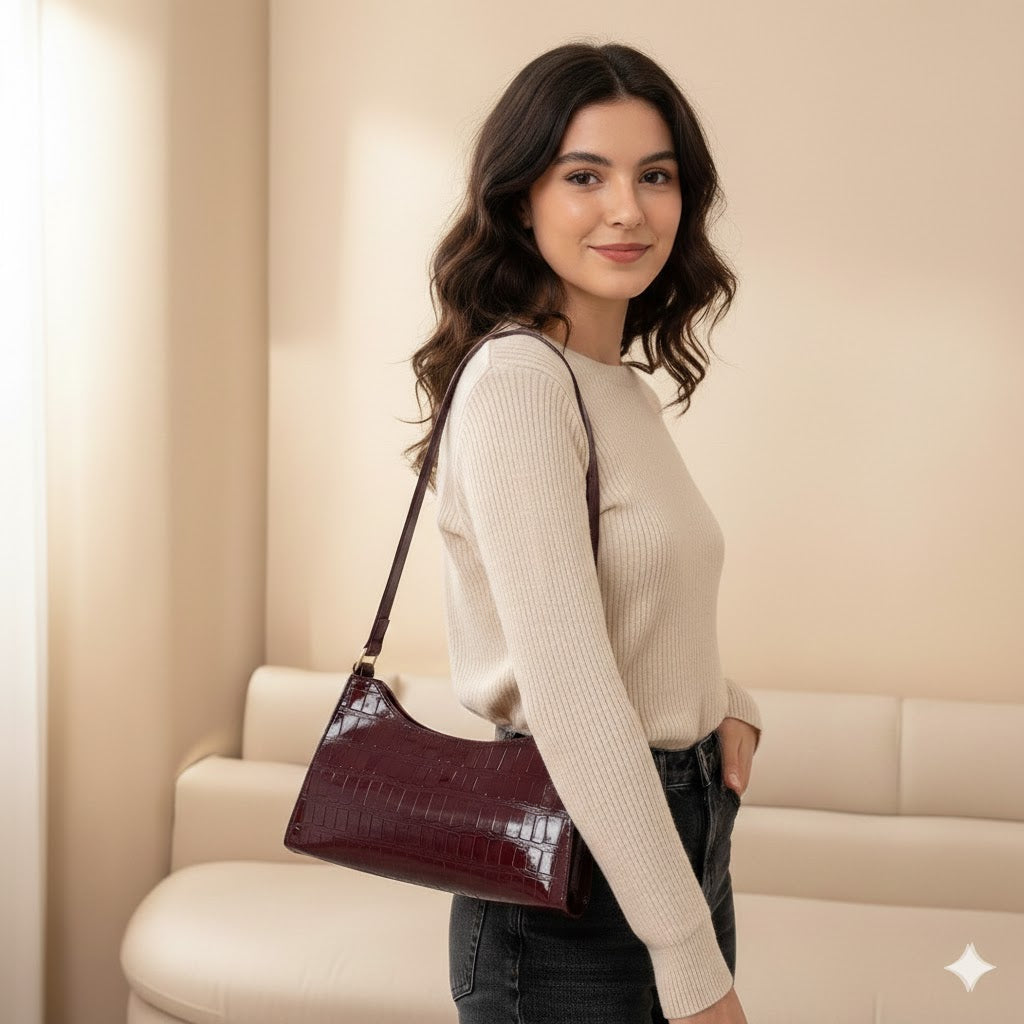 Croc-embossed Burgundy Armpit Bag